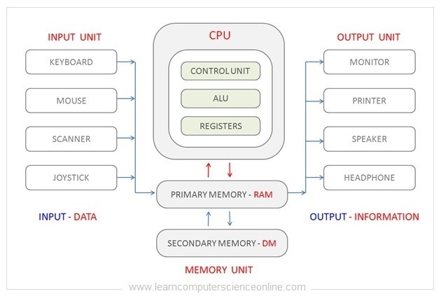 The connections between various hardware components: the CPU, RAM, and Secondary Memory (= Drives) are the stem of the diagram and all interconnected; input and output devices are branching out of RAM. Input devices are on the left side and include: keyboard, mouse, scanner, and joystick, while output devices are on the right, and include: monitor, printer, speaker, and headphone.